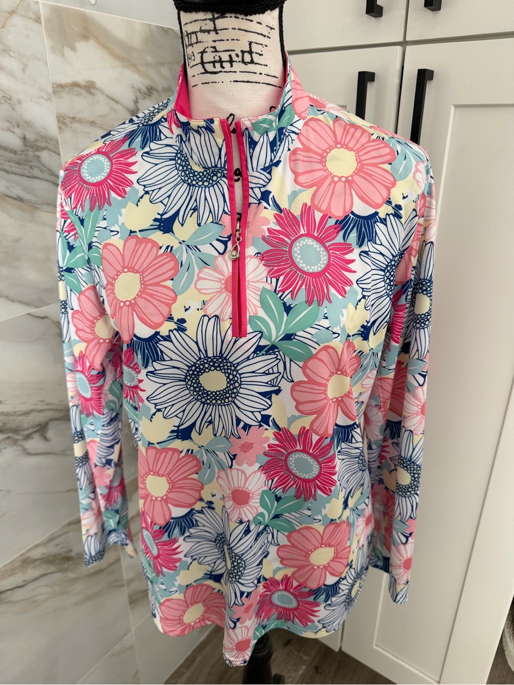 Women’s Sporty San Solie Sun 50 SPF Floral 1/4-Zip Long SleeveTop Pink/Blue New